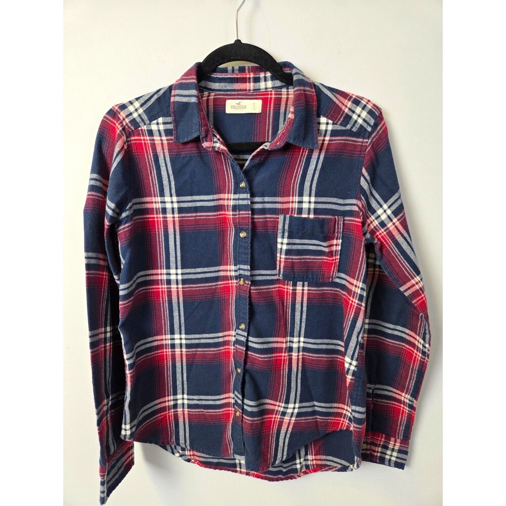 Hollister Women's Plaid Flannel Button-Up Shirt Long Sleeve Pockets S Blue